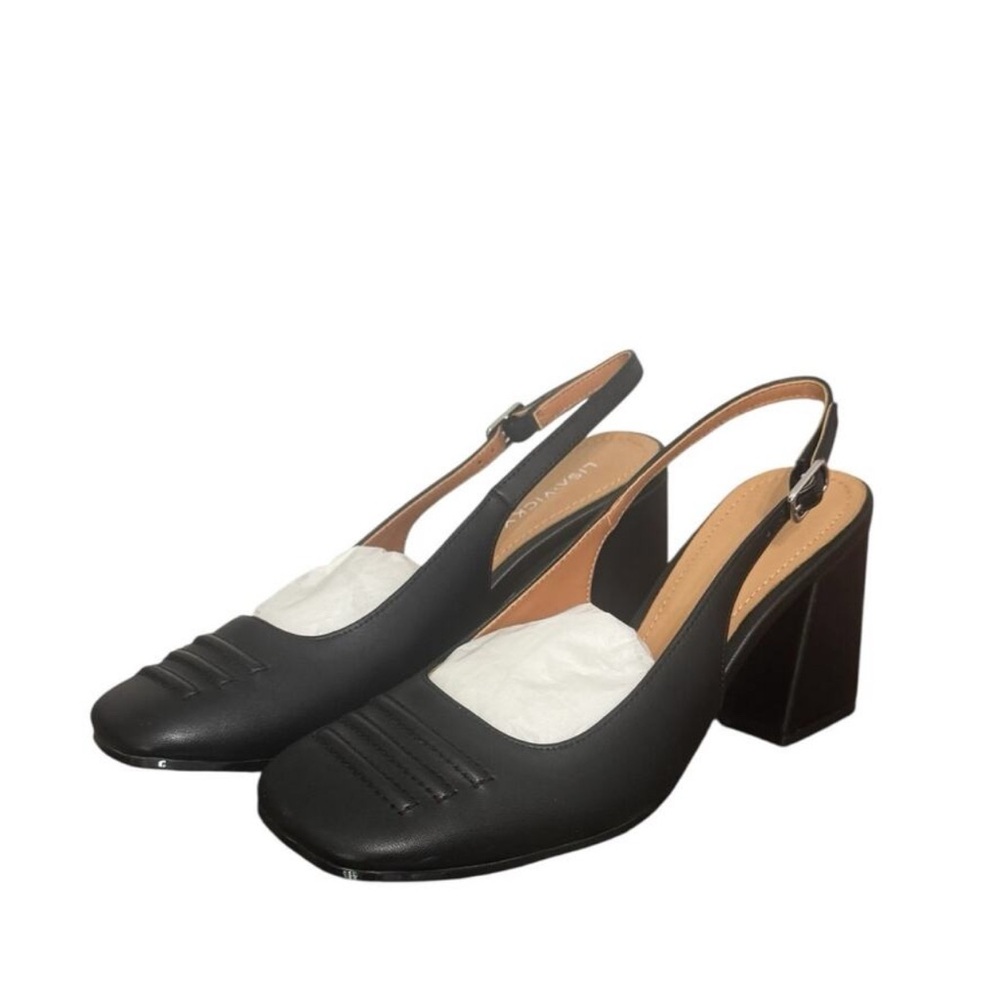 Lisa Vicky Black Chic Sturdy Closed Square Toe Slingback Block Heels US 8M. NWT - Picture 2 of 13